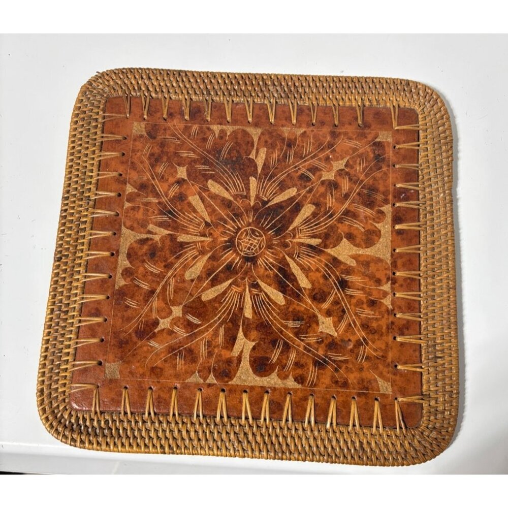 Vtg Pier 1 Rattan Tile Trivet Embossed Floral Design Hot Plate Boho Kitchen Deco